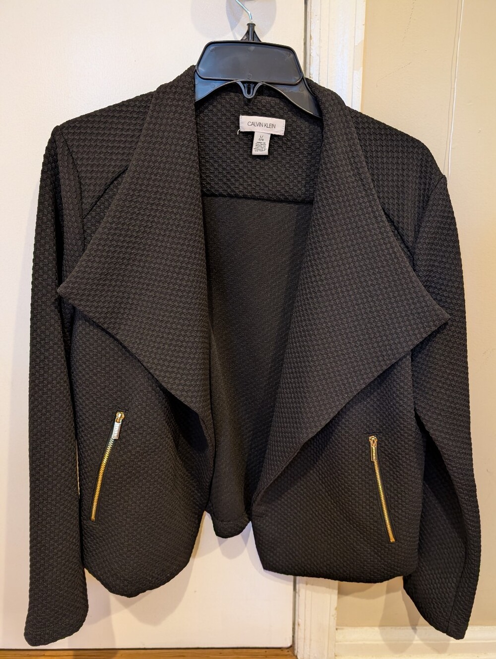Calvin Klein Black Textured Open Drape Jacket with Gold Zippers XL